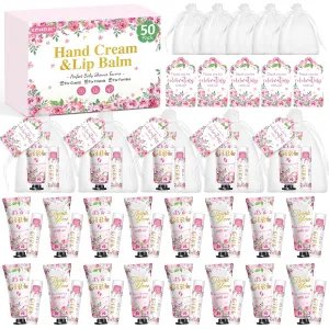 50 Pack Bulk Hand Cream and Lip Balm Gifts Sets, Baby Shower Favors and Bridal Shower Favors for Guests with Thank You Card and Organza Gift Bags, Appreciation Gifts, Wedding Party Favors (Baby Girls)