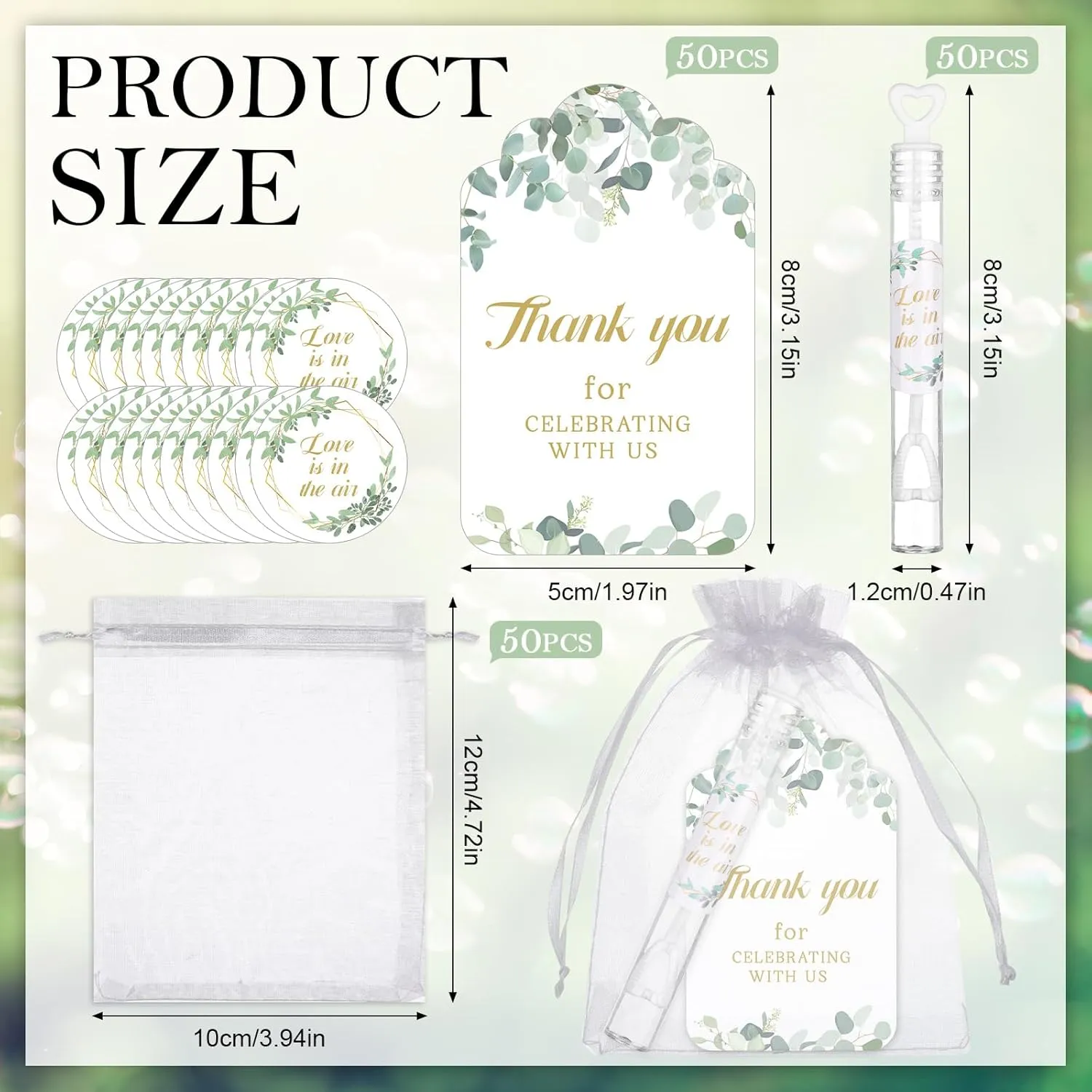 50 PCS Heart Wedding Bubble Wands Mini Heart Bubble Wands Bulk 50 Thank You Cards,50 Stickers,50 Organza Bags for Wedding Send Off Anniversaries Celebrations Goodie Bag Favors (Eucalyptus Leaves)