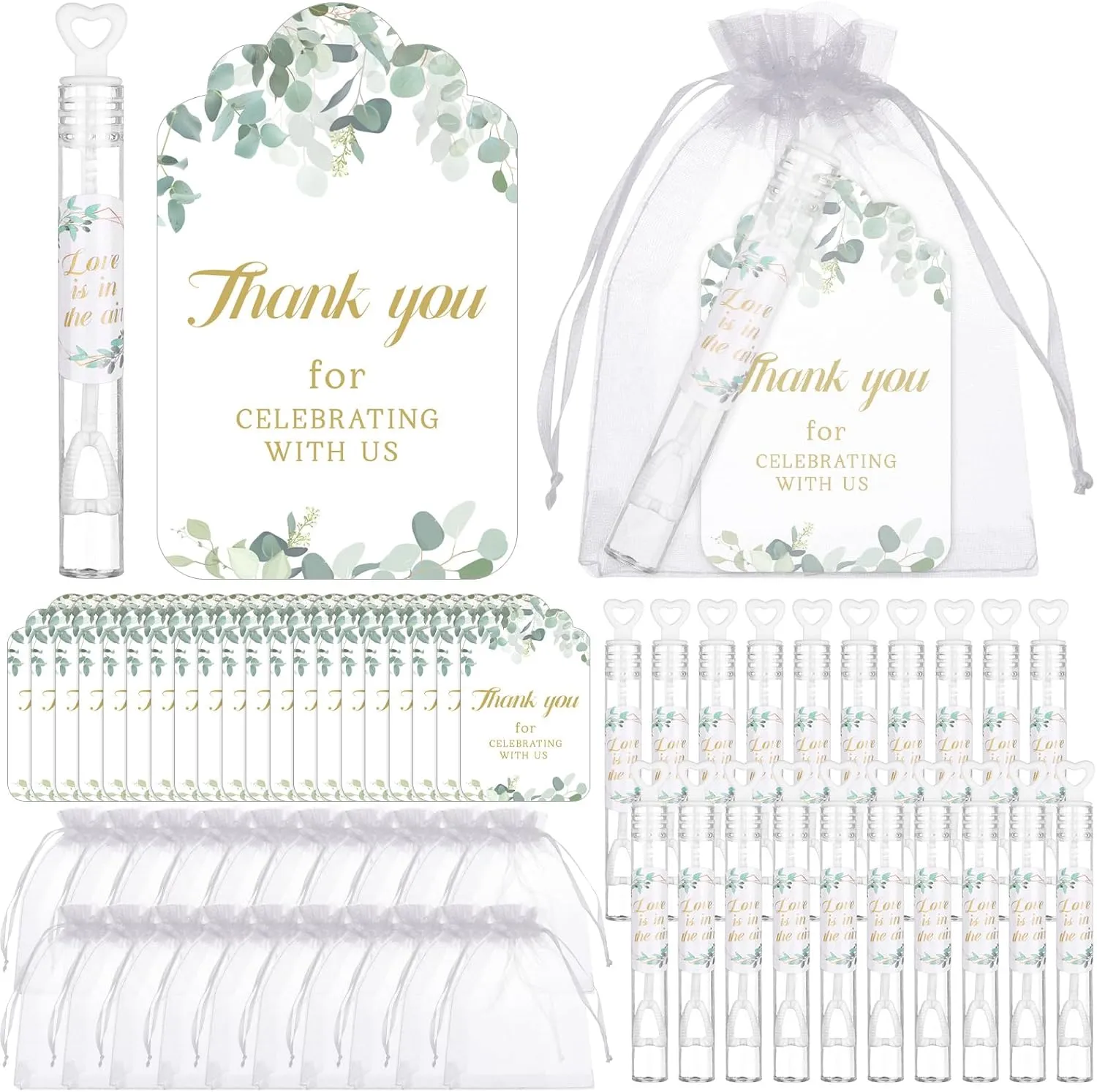 50 PCS Heart Wedding Bubble Wands Mini Heart Bubble Wands Bulk 50 Thank You Cards,50 Stickers,50 Organza Bags for Wedding Send Off Anniversaries Celebrations Goodie Bag Favors (Eucalyptus Leaves)