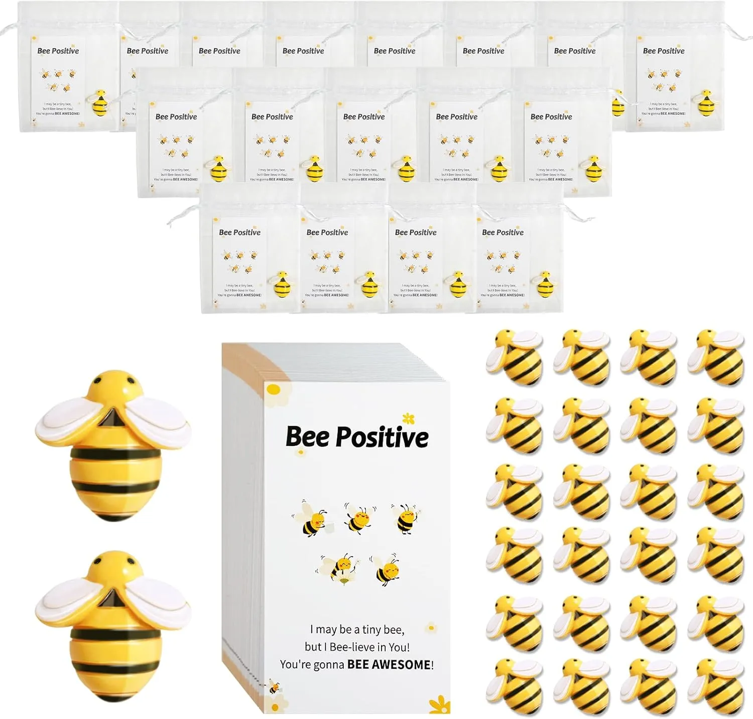 50 Set Bee Appreciation Gifts Bulk Thank You Staff Gift Inspirational Office Pocket Favors Plastic Bee Decor with Inspirational Cards Organza Bags Positive Gifts for Employee Coworker Teacher Student