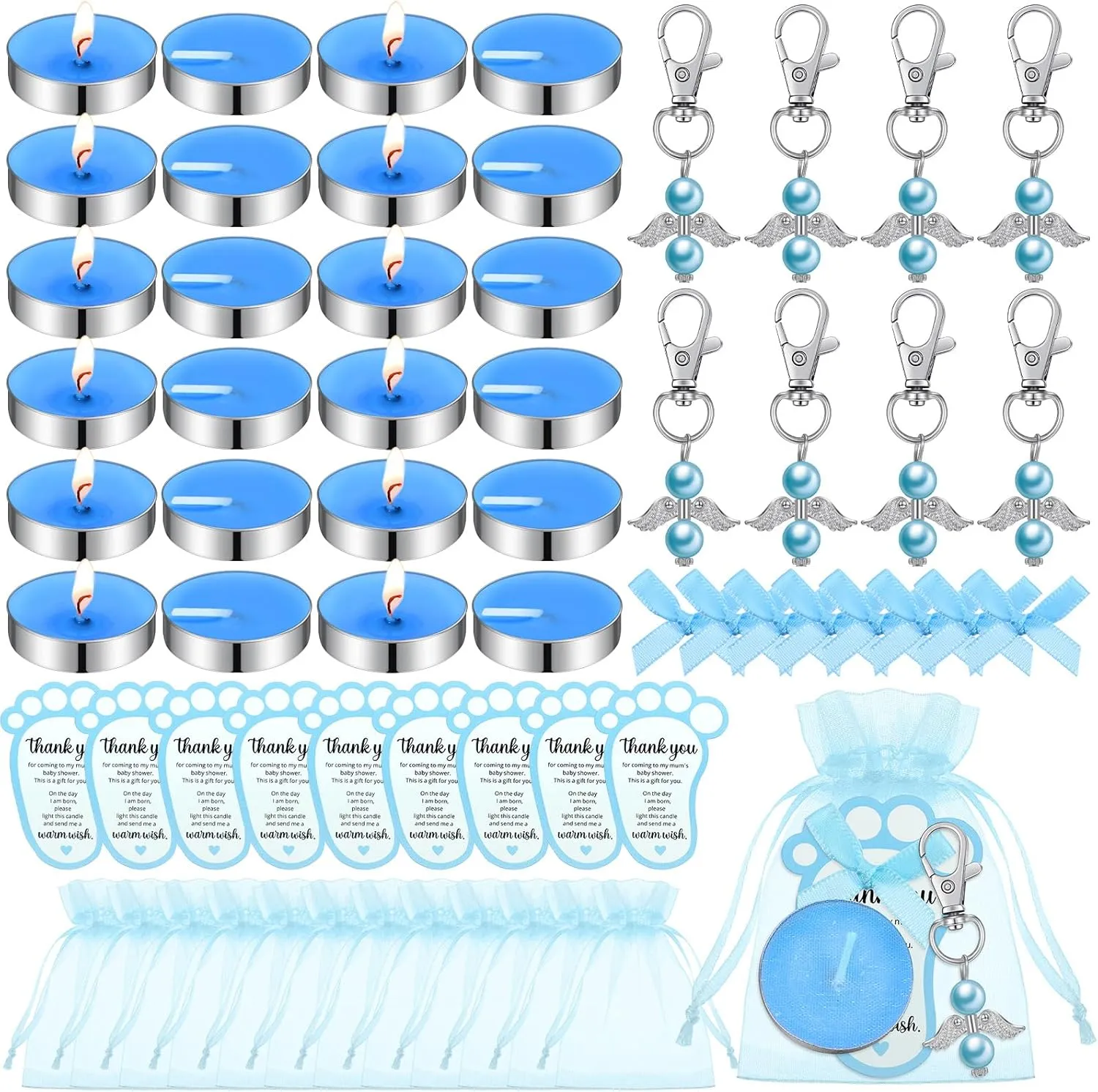 50 Sets Baby Shower Favors for Guests Including 50 Unscented Tealight Baby Shower Candles 50 Angel Keychains 50 Gift Bags 50 Cards for Gender Reveal Party(Blue)