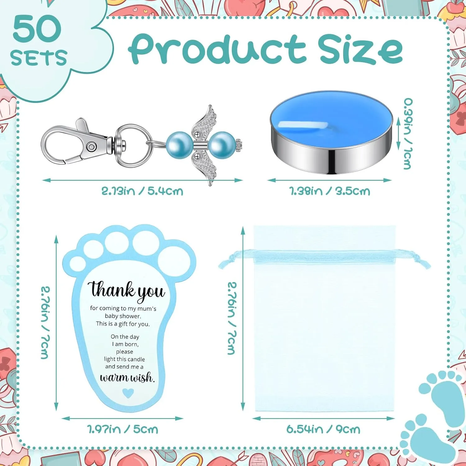 50 Sets Baby Shower Favors for Guests Including 50 Unscented Tealight Baby Shower Candles 50 Angel Keychains 50 Gift Bags 50 Cards for Gender Reveal Party(Blue)