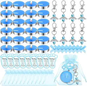 50 Sets Baby Shower Favors for Guests Including 50 Unscented Tealight Baby Shower Candles 50 Angel Keychains 50 Gift Bags 50 Cards for Gender Reveal Party(Blue)