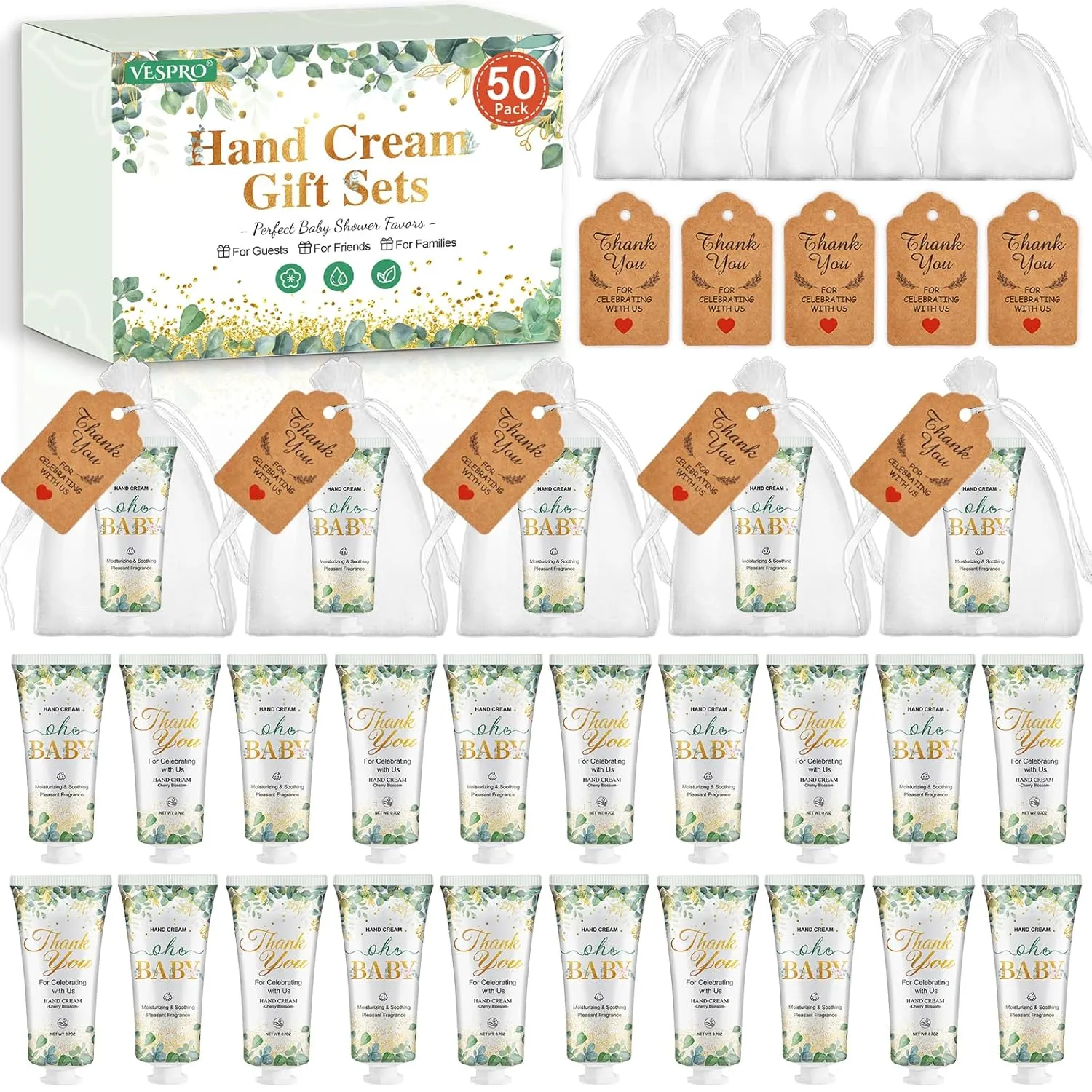 50 Sets Baby Shower Hand Cream Bulk Gifts, Bridal Shower Favors and Baby Shower Favors for Guests with Thank You Card and Organza Gift Bags, Thank You Gifts for Women Coworkers (Oh Baby)