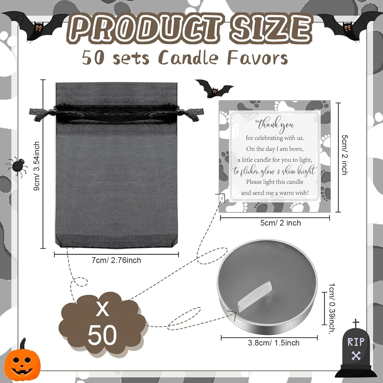 50 Sets Baby Shower Party Favors Including 50 Pcs Unscented Tealight Baby Shower Candles Gift Bags Cards for Gender Reveal Party Supplies(Black)