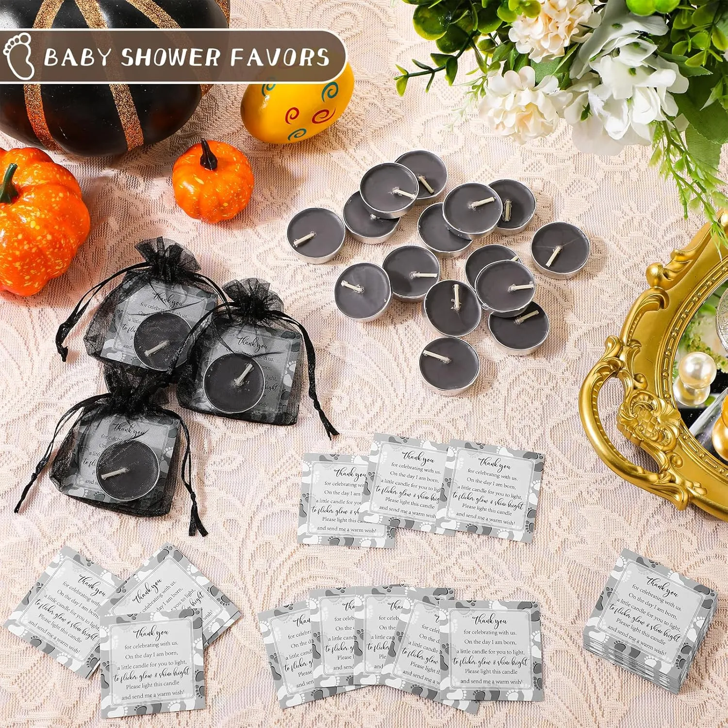 50 Sets Baby Shower Party Favors Including 50 Pcs Unscented Tealight Baby Shower Candles Gift Bags Cards for Gender Reveal Party Supplies(Black)
