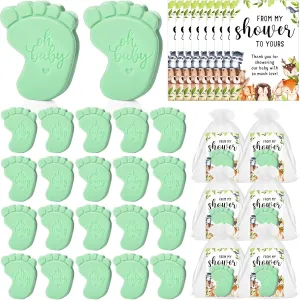 50 Sets Baby Shower Soap Favors for Guests Mini Handmade Footprint Scented Soap with From My Shower to Yours Thank You Cards and Organza Bag Gender Reveal Favors for Baptism (Green)