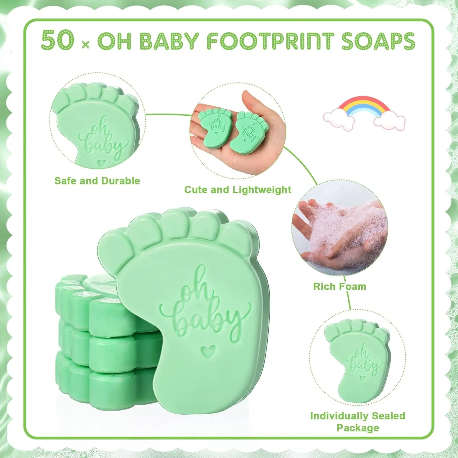 50 Sets Baby Shower Soap Favors for Guests Mini Handmade Footprint Scented Soap with From My Shower to Yours Thank You Cards and Organza Bag Gender Reveal Favors for Baptism (Green)