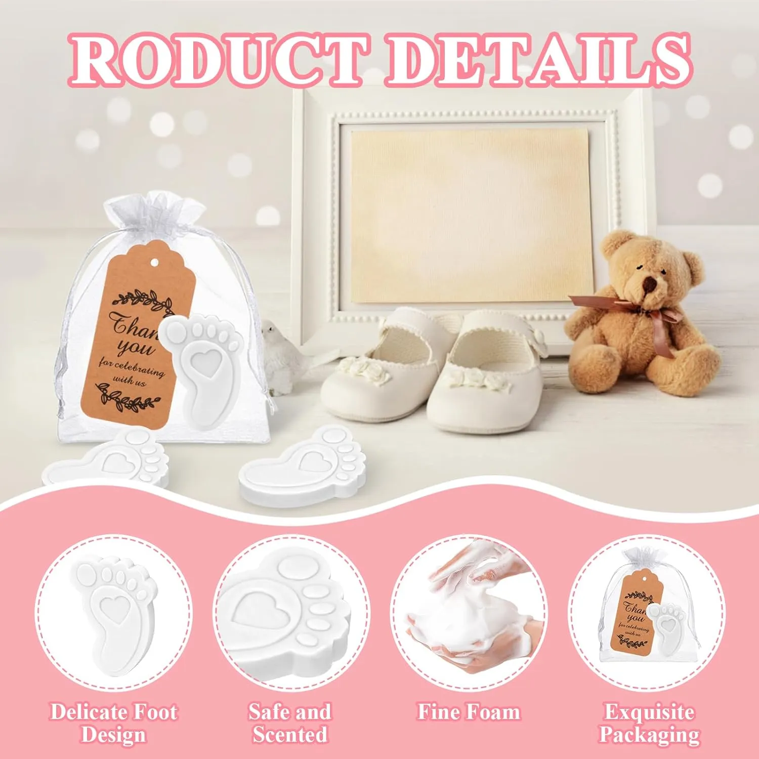 50 Sets Baby Shower Soap Favors - Handmade Scented Baby Feet Soap with Thank You Cards & Organza Bags for Guests Return Gift & Gender Reveal Prizes & Birthday Souvenirs (White)