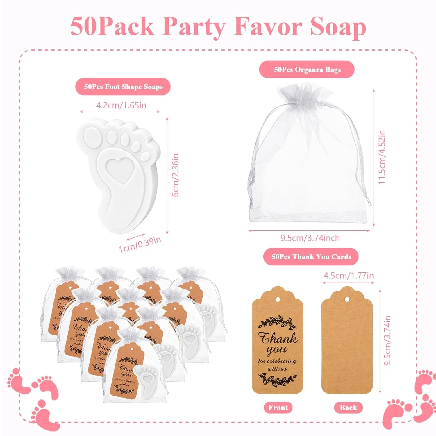 50 Sets Baby Shower Soap Favors - Handmade Scented Baby Feet Soap with Thank You Cards & Organza Bags for Guests Return Gift & Gender Reveal Prizes & Birthday Souvenirs (White)