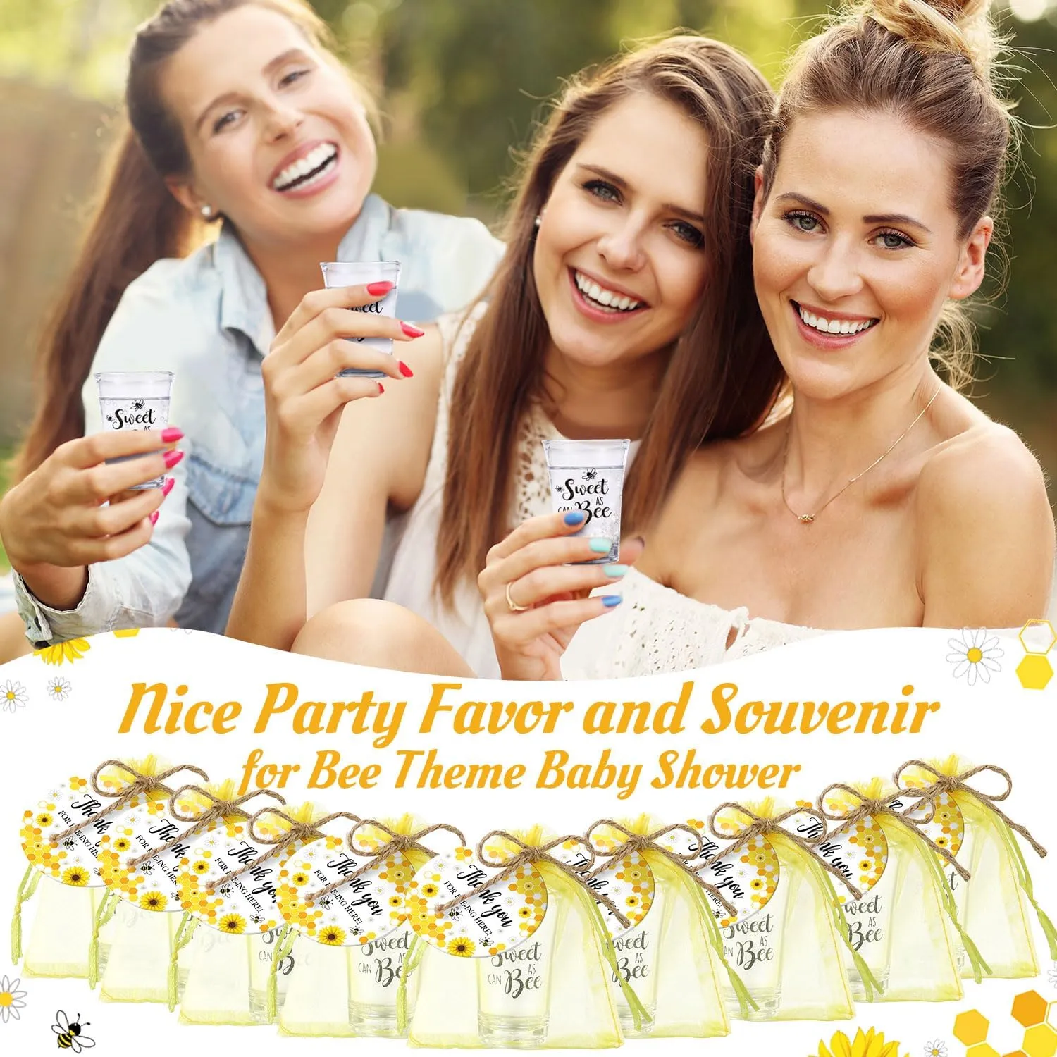 50 Sets Bee Party Supplies Honey Bee Gift for Guests Souvenir Sweet As Can Acrylic Clear Shot Glasses Gender Reveal Party Thank Card and Organza Bags for Birthday
