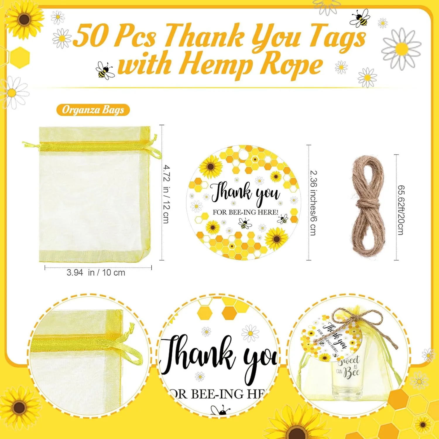 50 Sets Bee Party Supplies Honey Bee Gift for Guests Souvenir Sweet As Can Acrylic Clear Shot Glasses Gender Reveal Party Thank Card and Organza Bags for Birthday