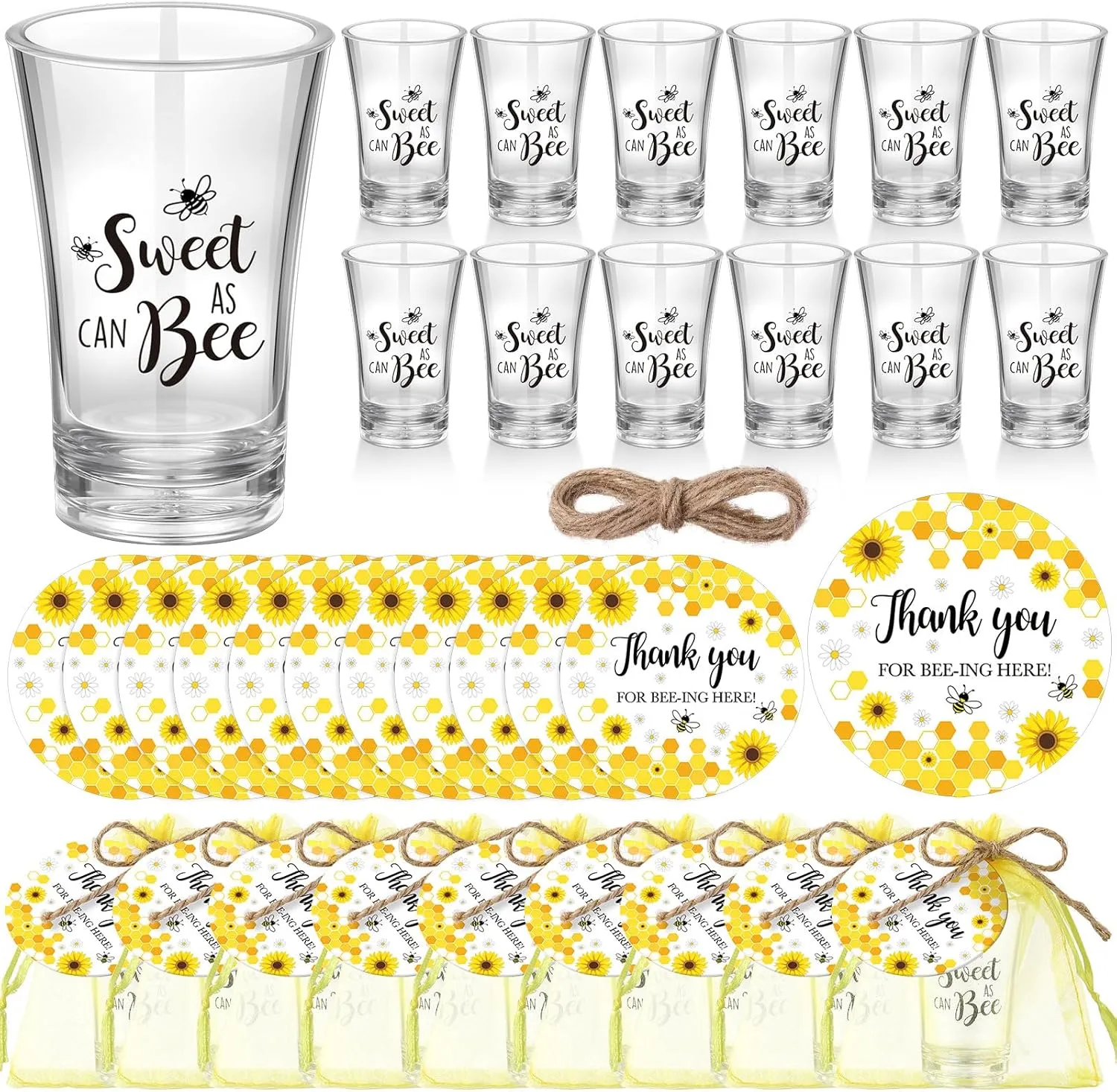 50 Sets Bee Party Supplies Honey Bee Gift for Guests Souvenir Sweet As Can Acrylic Clear Shot Glasses Gender Reveal Party Thank Card and Organza Bags for Birthday