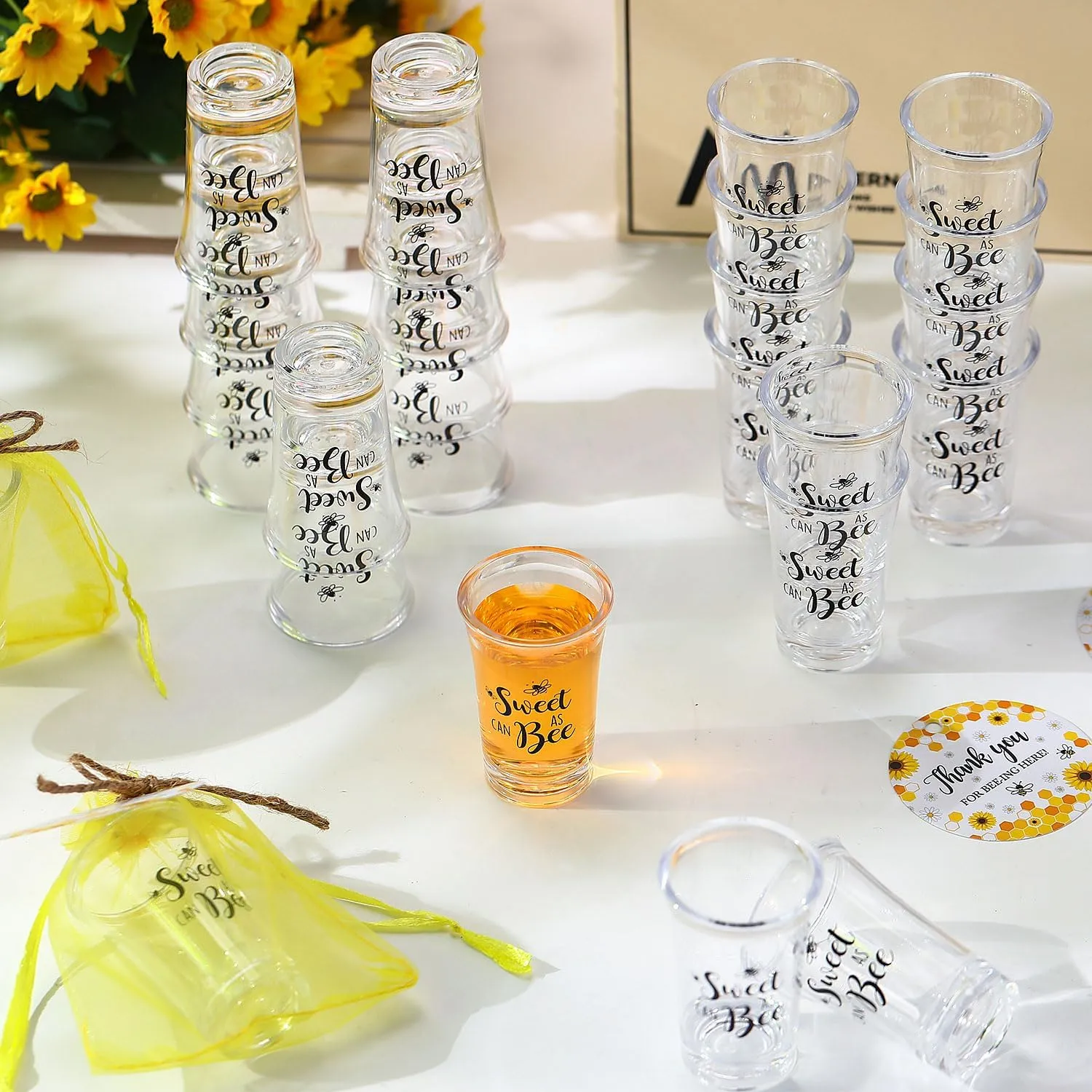 50 Sets Bee Party Supplies Honey Bee Gift for Guests Souvenir Sweet As Can Acrylic Clear Shot Glasses Gender Reveal Party Thank Card and Organza Bags for Birthday