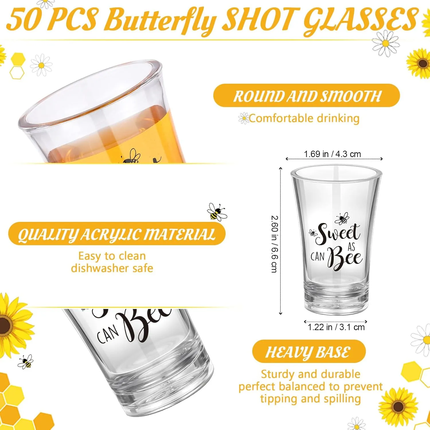 50 Sets Bee Party Supplies Honey Bee Gift for Guests Souvenir Sweet As Can Acrylic Clear Shot Glasses Gender Reveal Party Thank Card and Organza Bags for Birthday