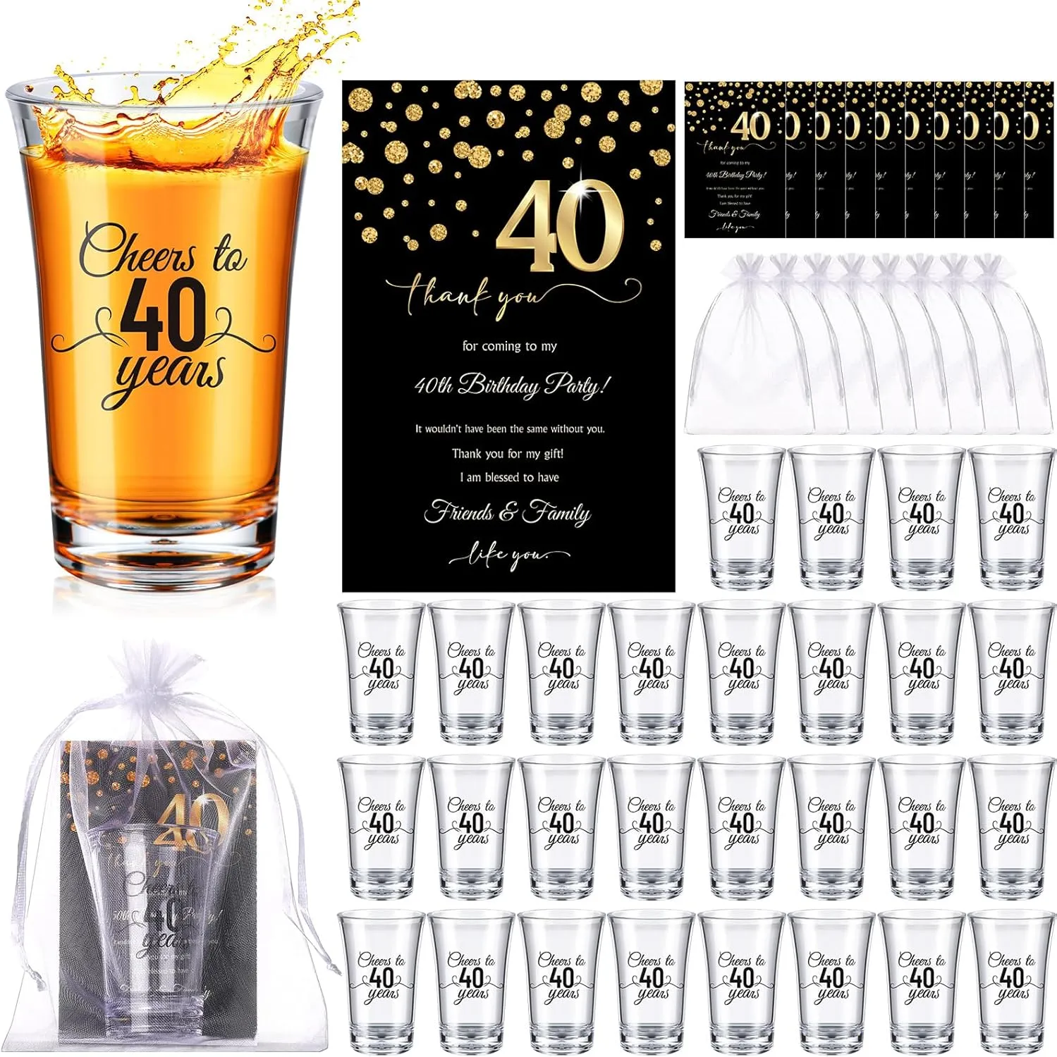 50 Sets Birthday Party Favors for Guests Bulk, 1.4 oz Cheers to 40/50/60 Years Plastic Personalized Glasses Cups with Thank You Cards Gift Bag for Birthday Wedding(40 Years)