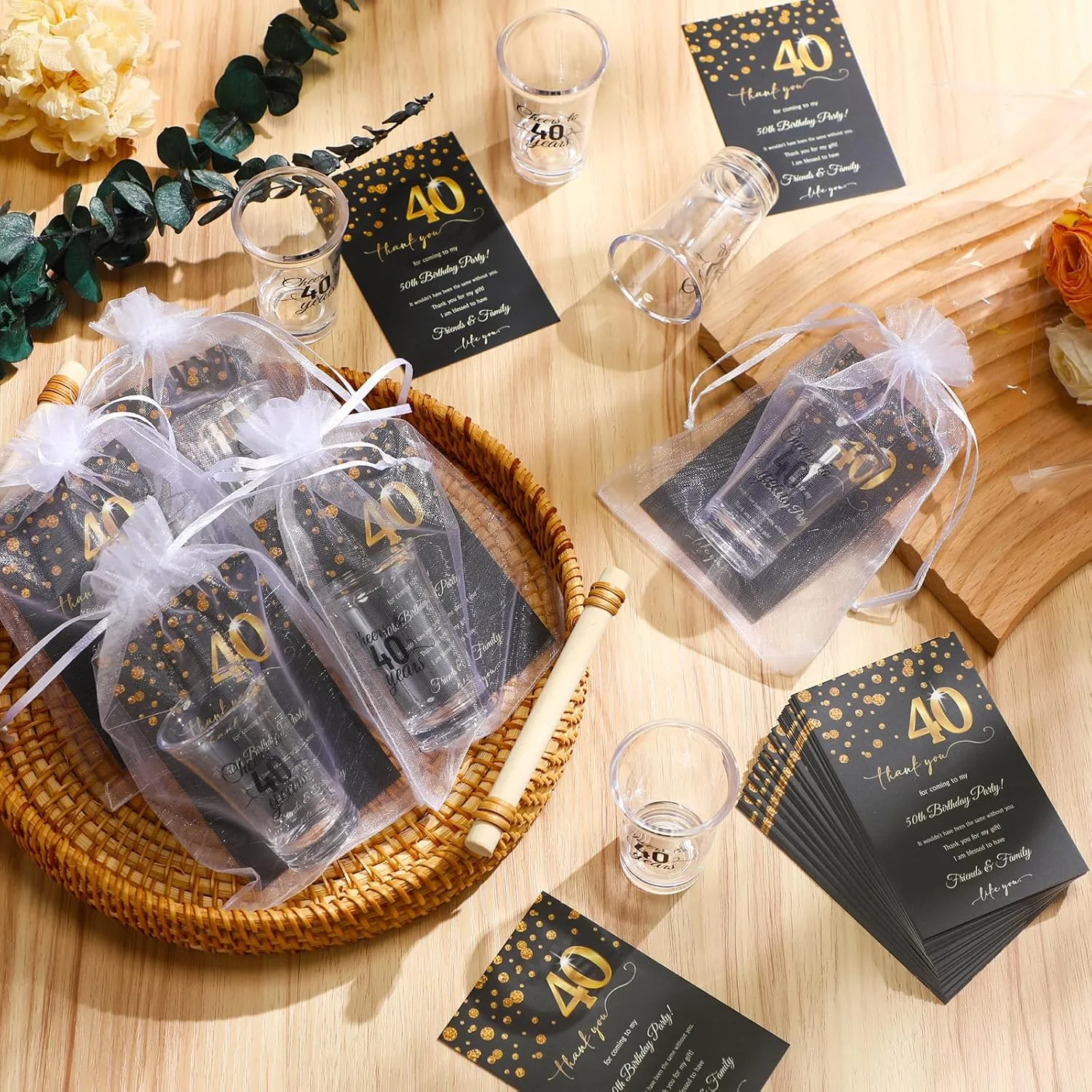 50 Sets Birthday Party Favors for Guests Bulk, 1.4 oz Cheers to 40/50/60 Years Plastic Personalized Glasses Cups with Thank You Cards Gift Bag for Birthday Wedding(40 Years)