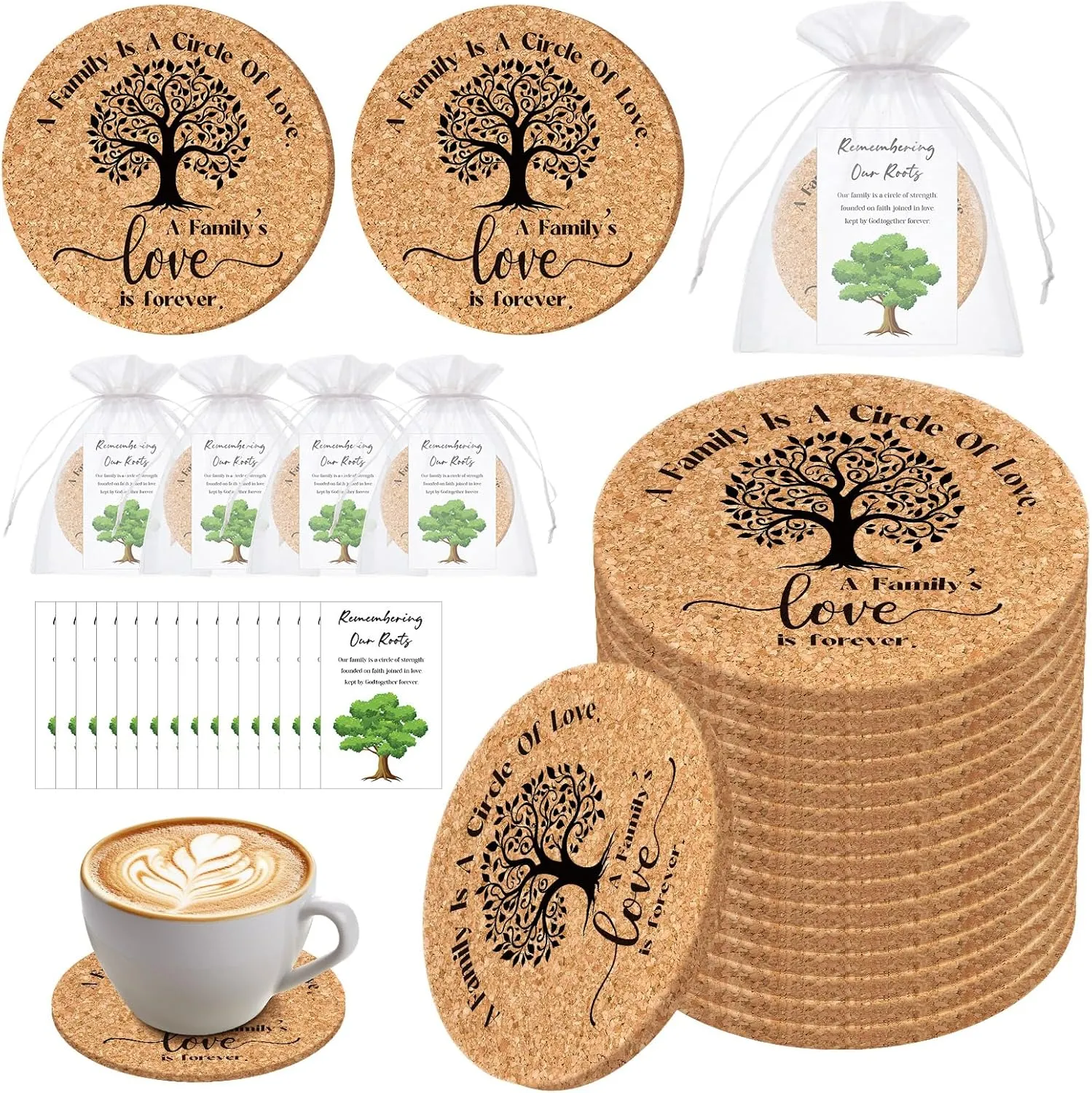 50 Sets Family Reunion Favors Include A Family is a Circle of Love Cork Coaster Family Absorbent Cork Mat with Party Gift Cards and Organza Gift Bags Family Gathering for Family Reunion