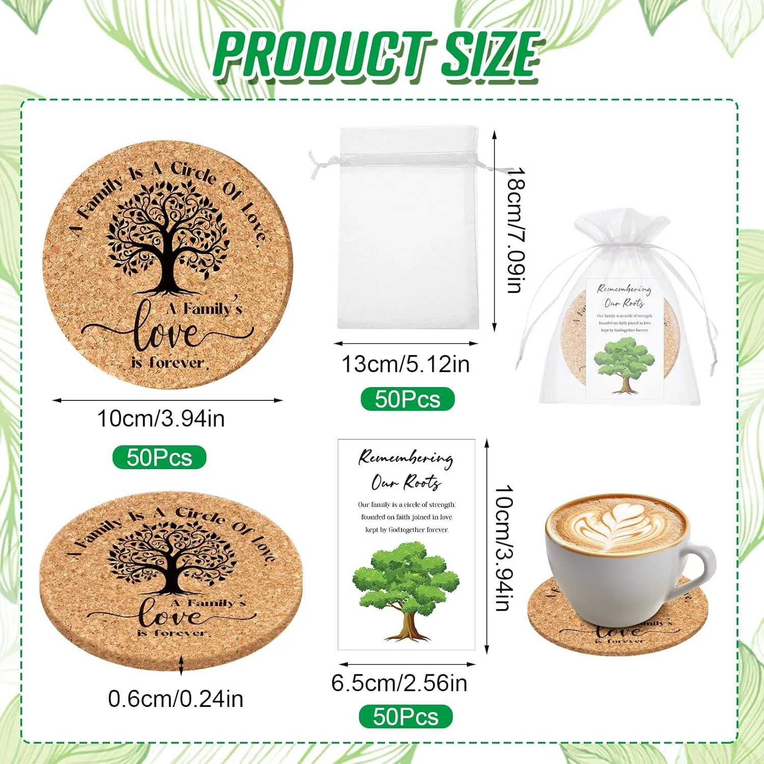 50 Sets Family Reunion Favors Include A Family is a Circle of Love Cork Coaster Family Absorbent Cork Mat with Party Gift Cards and Organza Gift Bags Family Gathering for Family Reunion