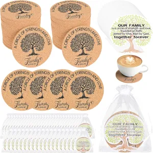 50 Sets Family Reunion Favors - Round Cork Coasters with Family Tree Cards and Organza Gift Bags 4 Inch 'A Family is The Circle of Love' Self-Adhesive Absorbent Cork Mats for Family Party Gift Ideas