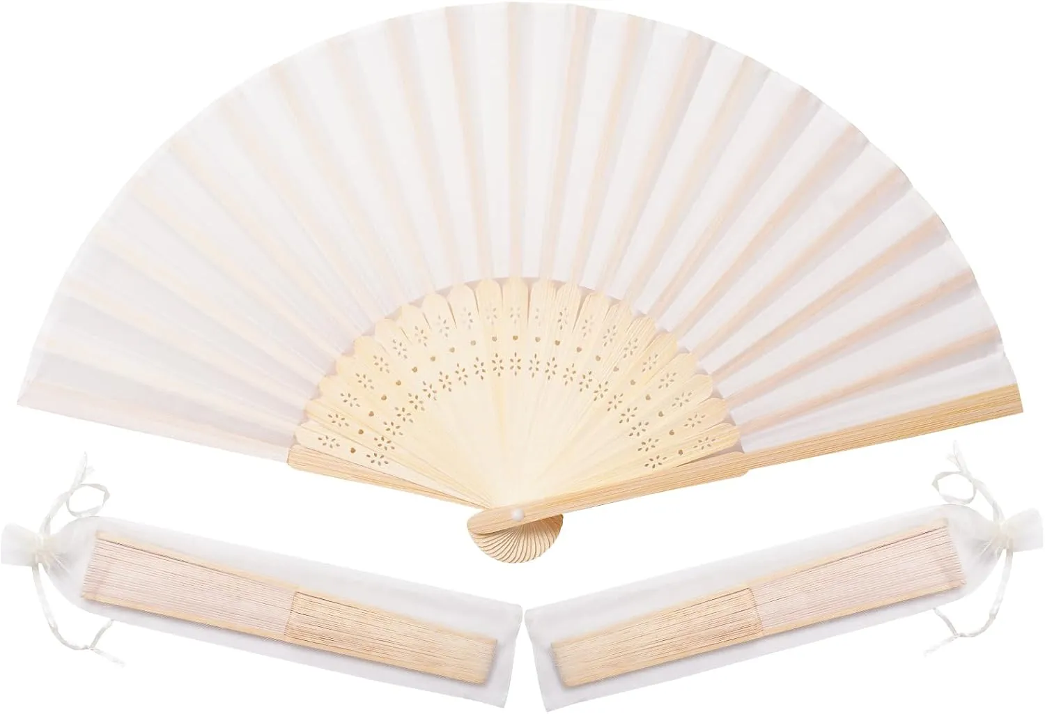 50pcs Cream-Coloured Imitated Silk Fabric Bamboo Folded Hand Fan Bridal Dancing Props Church Wedding Party Favors with Organza Bags