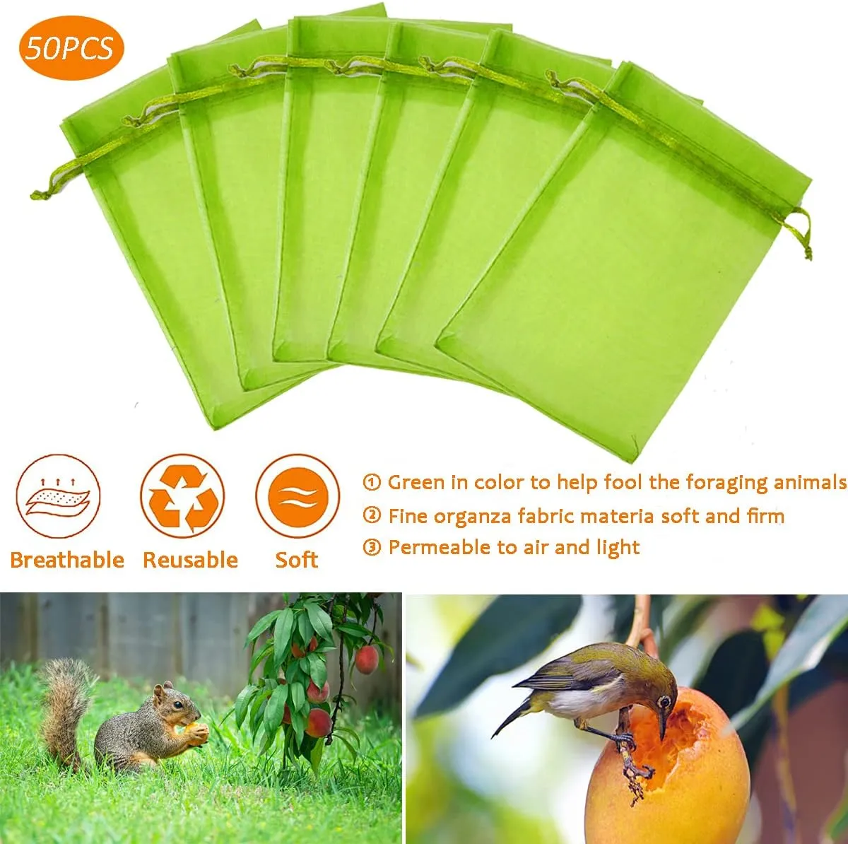 50PCS Green Netting Bags - 16x11'' Fruit Protection Bags for Trees, Garden, Flowers & Vegetables
