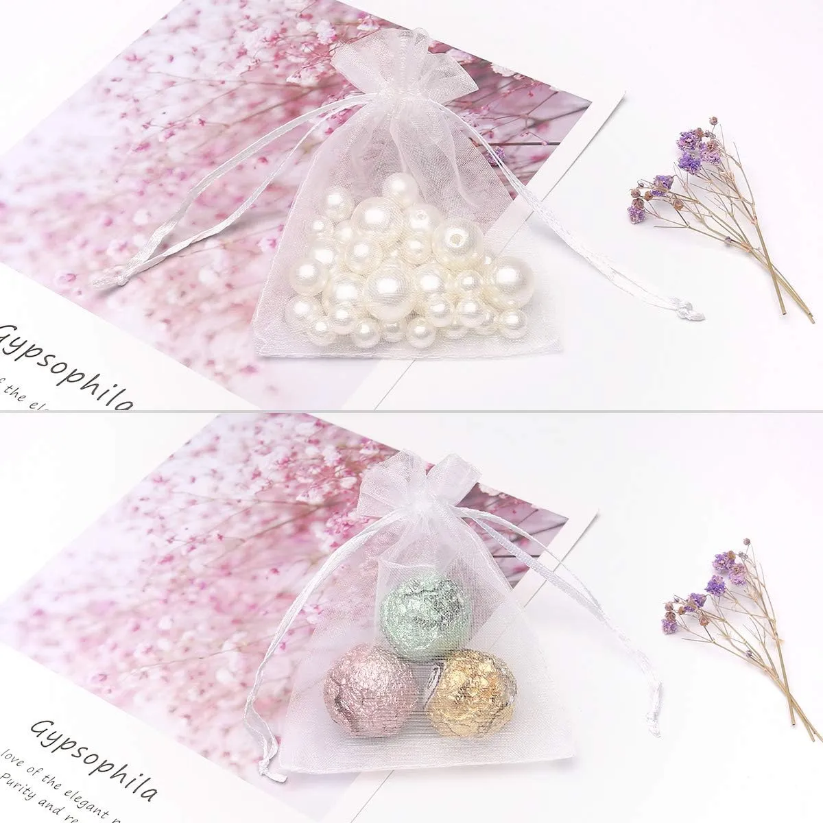 50PCS Premium Sheer Organza Gift Bags, 3X4 inch Elegant Jewelry Pouches, Wedding Favors, Christmas Party Decorations, Bathroom Soaps & Makeup Wrapping Supplies (White)