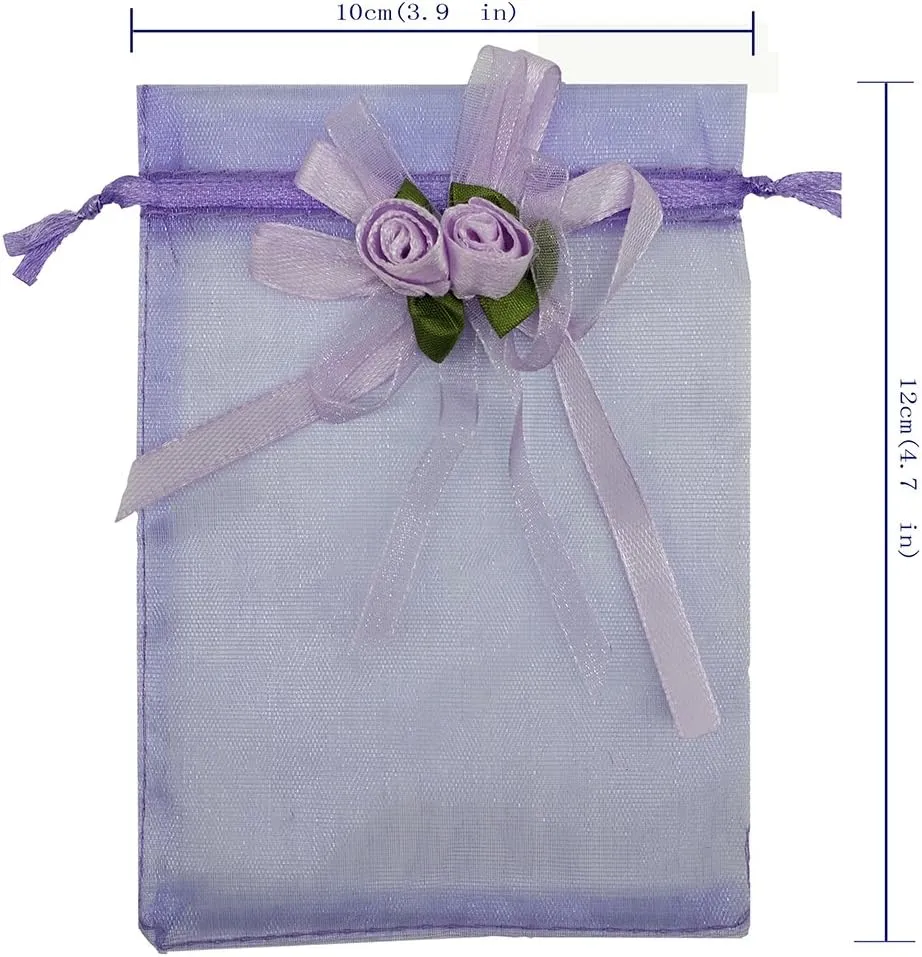 50pcs Sheer Organza Favor Bags for Wedding 3.8x4.8'' Gift Bags Samples Display Drawstring Rose Pouches (Light Purple)