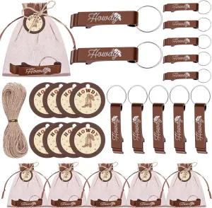 50Sets Western Cowboy Party Favors Bottle Opener Keychain Metal Bottle Opener Split Key Ring Chain Keychain with Organza Bags Thank You Tags and Rope for Wedding Wild West Themed Party