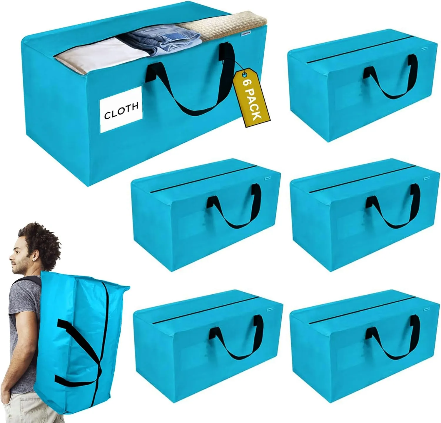 6 Pack Extra Large Moving Bags with Zippers, Backpack Straps & Reinforced Handles, Heavy Duty Storage Bags for Clothes, Moving, Space Saving, Blue