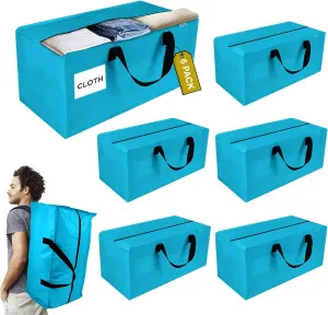 6 Pack Extra Large Moving Bags with Zippers, Backpack Straps & Reinforced Handles, Heavy Duty Storage Bags for Clothes, Moving, Space Saving, Blue