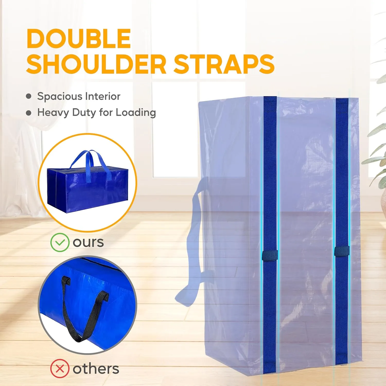 6 Pack Oversized Heavy Duty Moving Bags with Backpack Straps, Strong Handles & Zippers, Extra Large Storage Tote Moving Boxes for Space Saving, Blue