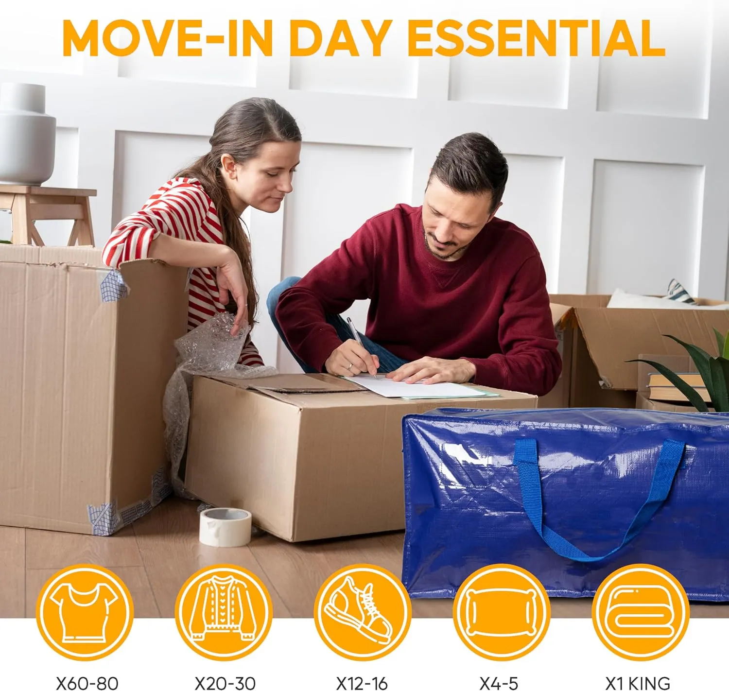 6 Pack Oversized Heavy Duty Moving Bags with Backpack Straps, Strong Handles & Zippers, Extra Large Storage Tote Moving Boxes for Space Saving, Blue
