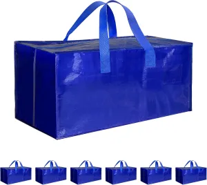 6 Pack Oversized Heavy Duty Moving Bags with Backpack Straps, Strong Handles & Zippers, Extra Large Storage Tote Moving Boxes for Space Saving, Blue