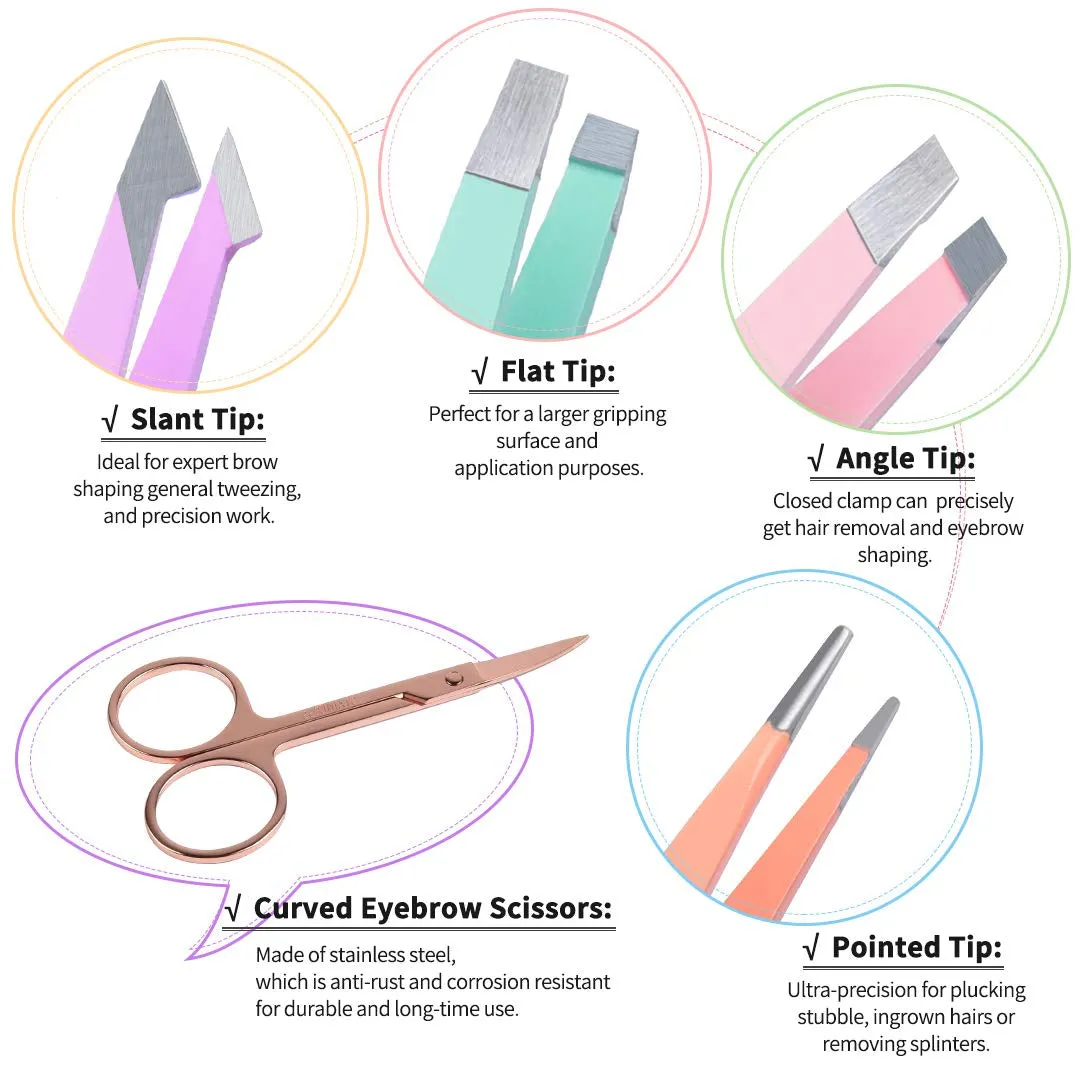 6 PCS Tweezers Set for Women, Eyebrow Tweezers with Curved Scissor for Ingrown Hair, Hair Plucking Daily Beauty Tools with Leather Travel Case