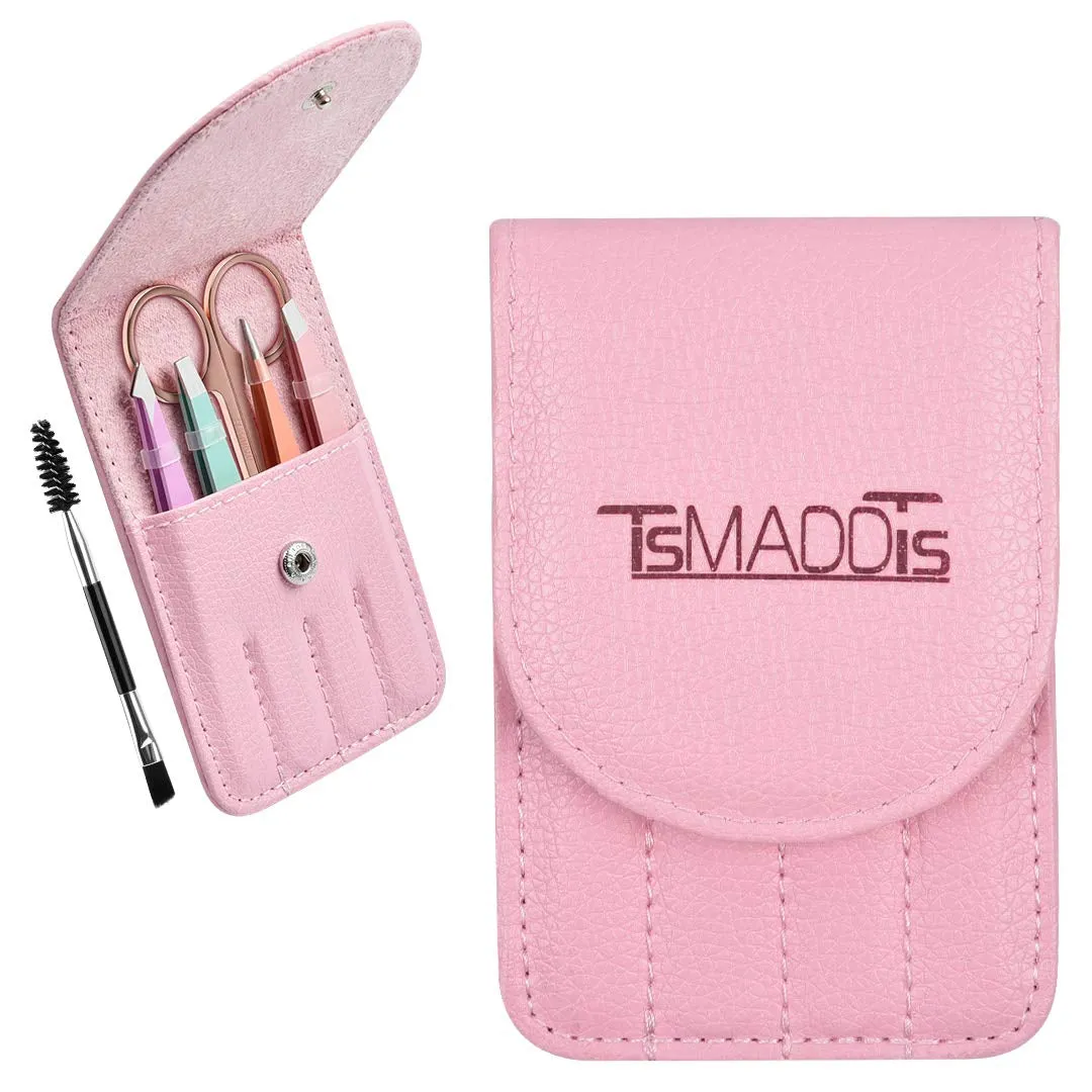 6 PCS Tweezers Set for Women, Eyebrow Tweezers with Curved Scissor for Ingrown Hair, Hair Plucking Daily Beauty Tools with Leather Travel Case