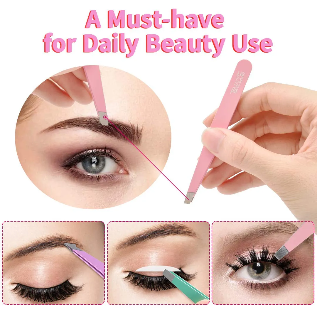 6 PCS Tweezers Set for Women, Eyebrow Tweezers with Curved Scissor for Ingrown Hair, Hair Plucking Daily Beauty Tools with Leather Travel Case