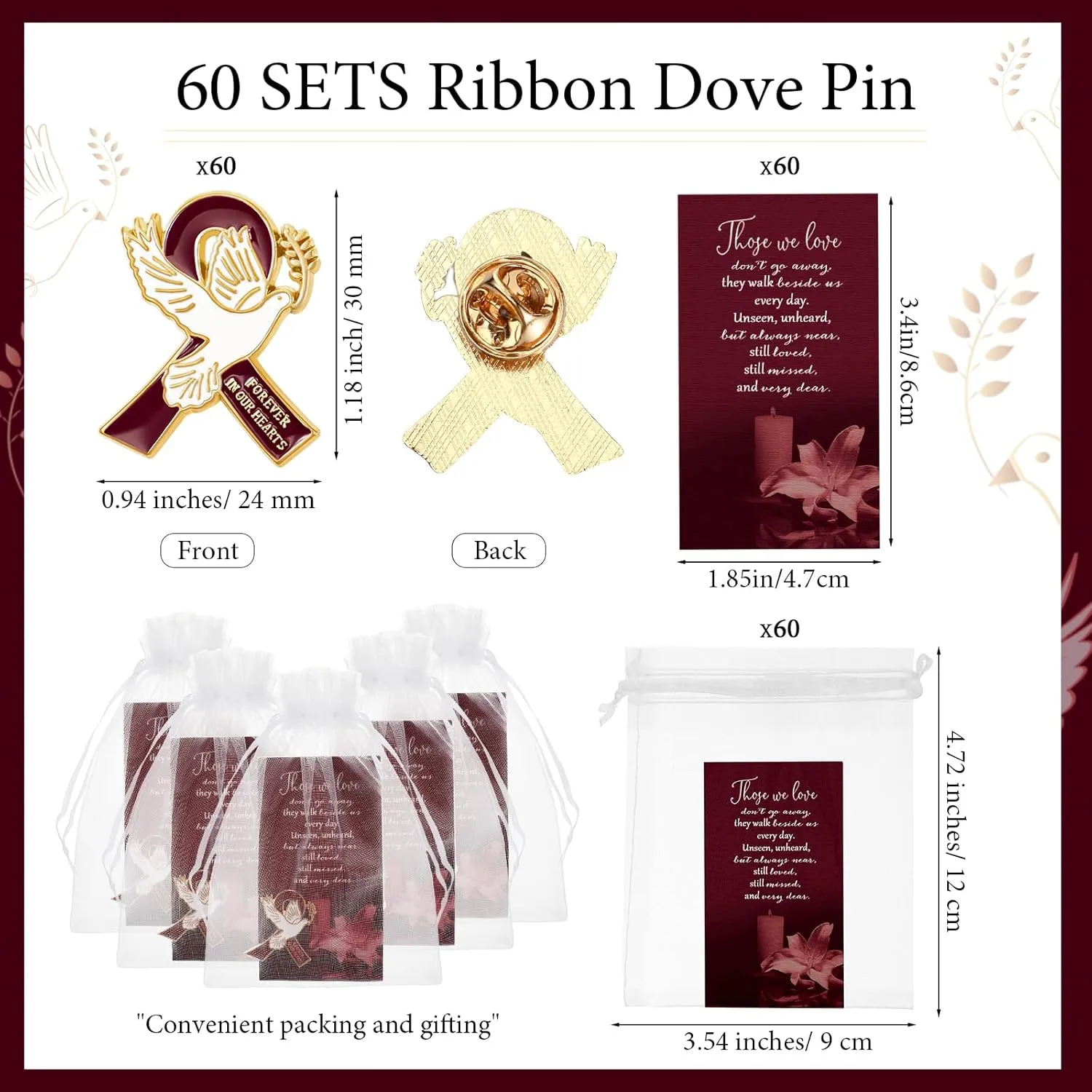 60 Set Funeral Ribbon Dove Pins Funeral Favors for Guests Awareness Lapel Pin Brooch with Prayer Cards Organza Bags for People in Mourning Remembrance Memorial