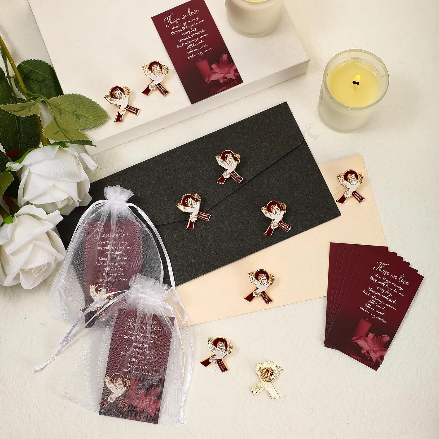 60 Set Funeral Ribbon Dove Pins Funeral Favors for Guests Awareness Lapel Pin Brooch with Prayer Cards Organza Bags for People in Mourning Remembrance Memorial