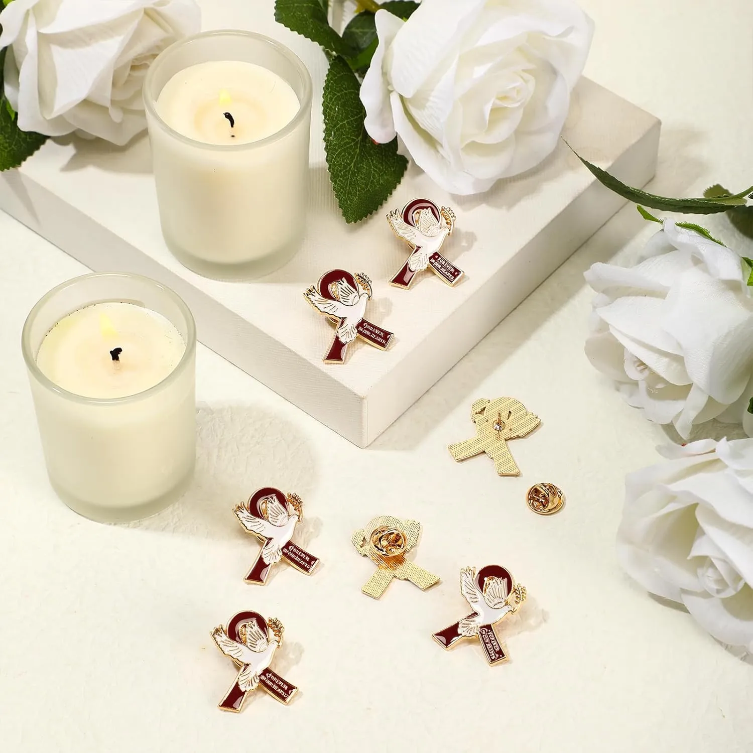 60 Set Funeral Ribbon Dove Pins Funeral Favors for Guests Awareness Lapel Pin Brooch with Prayer Cards Organza Bags for People in Mourning Remembrance Memorial