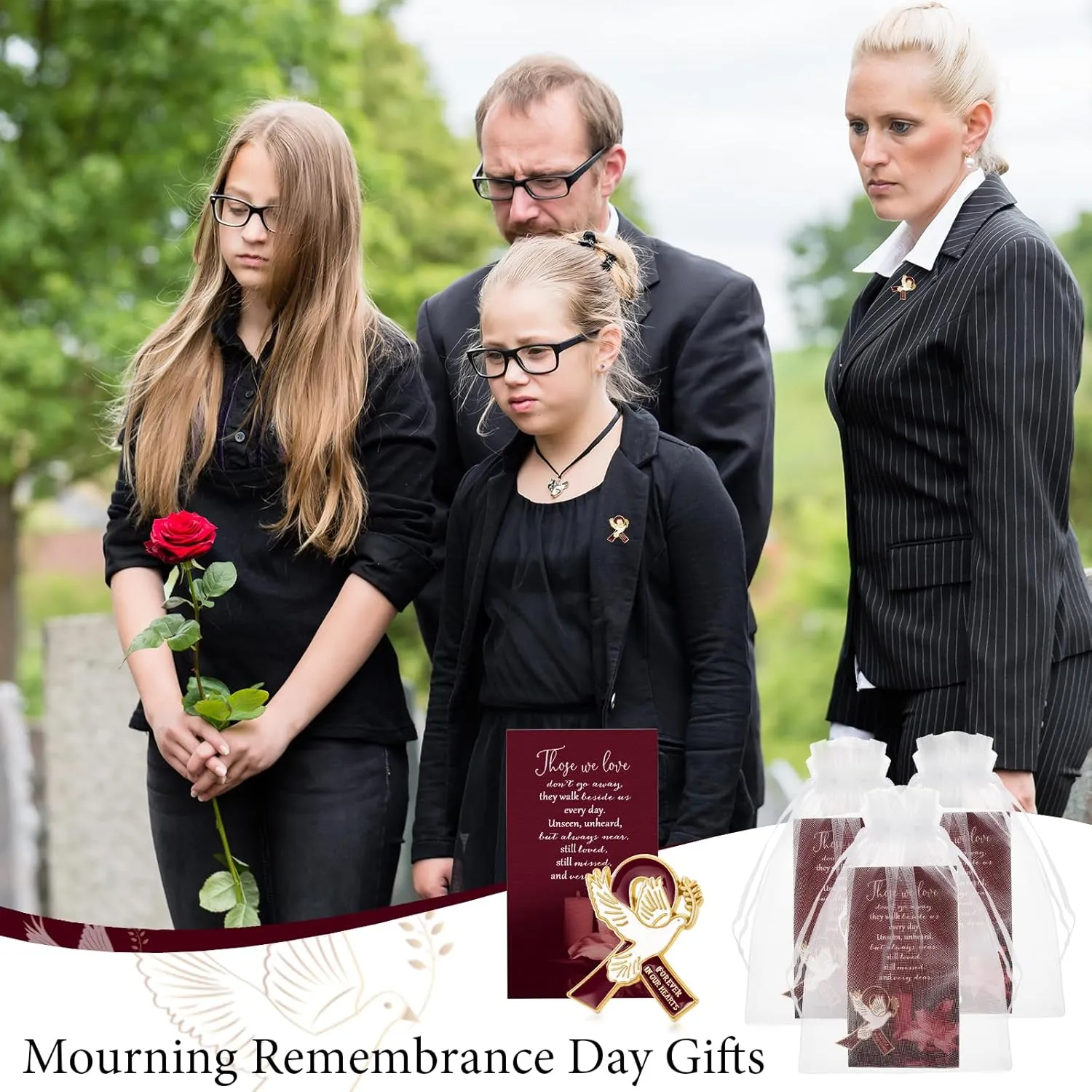60 Set Funeral Ribbon Dove Pins Funeral Favors for Guests Awareness Lapel Pin Brooch with Prayer Cards Organza Bags for People in Mourning Remembrance Memorial