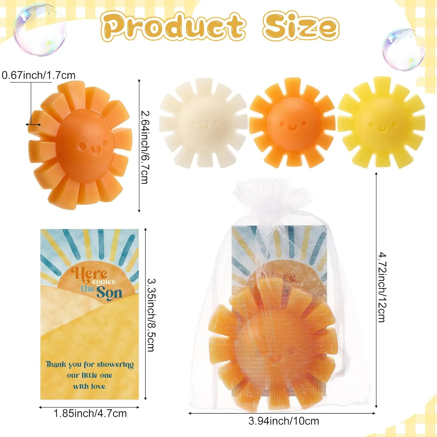 60 Sets Here Comes the Son Baby Shower Favors Sunshine Soaps Sun Handmade Scented Soap with Thank You Cards and Organza Bags for Guests Baby Shower Party Game Prize Supplies Return Gifts