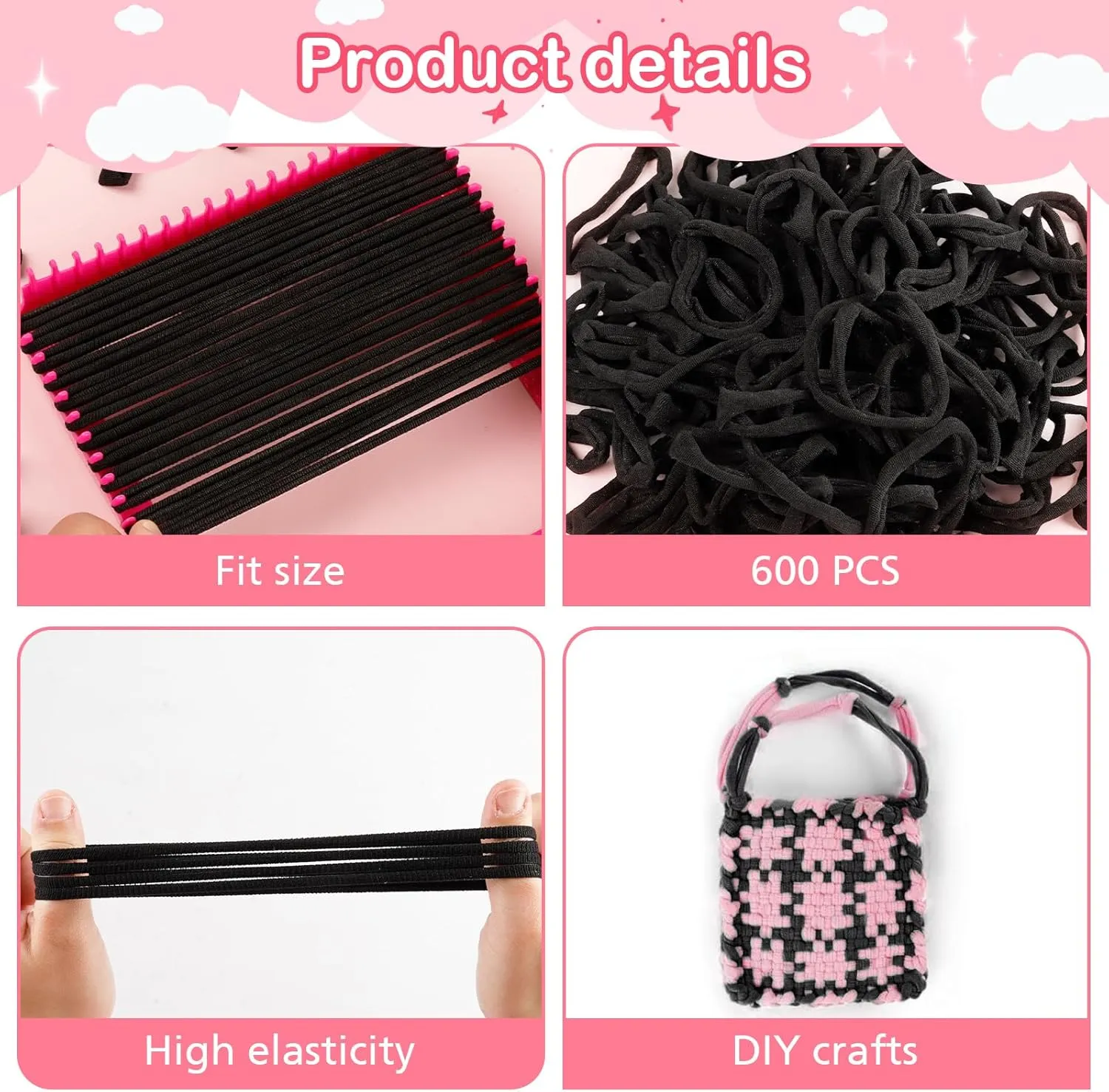 600 PCS Loom Loops Potholder 6" 7" inch DIY Arts Crafts for Kids and Adults Potholder Black Loops Weaving Flexible Loom Kit Elastic Ideal for Girls Ages DIY Crafts Supplies