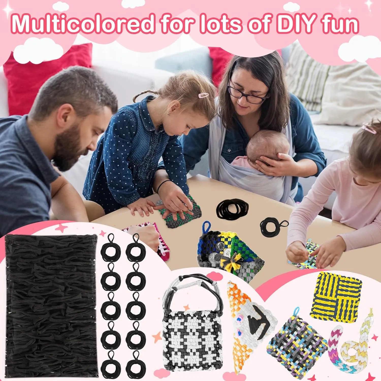 600 PCS Loom Loops Potholder 6" 7" inch DIY Arts Crafts for Kids and Adults Potholder Black Loops Weaving Flexible Loom Kit Elastic Ideal for Girls Ages DIY Crafts Supplies