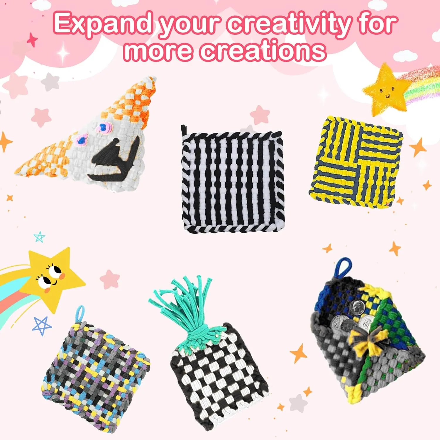 600 PCS Loom Loops Potholder 6" 7" inch DIY Arts Crafts for Kids and Adults Potholder Black Loops Weaving Flexible Loom Kit Elastic Ideal for Girls Ages DIY Crafts Supplies
