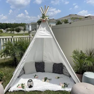 7' Large Teepee Tent for Adults, Play Tent with Carry Bag, 5 Sides Canvas Kids Teepee Tent Indoor & Outdoor Tents for Party, Wedding, Photo Prop, White