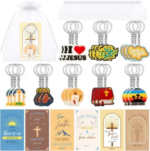 72 Pcs Christian Party Favors Gifts 24 Pcs Religious Jesus Keychain 24 Prayer Cards with 24 Organza Bags Mother's Day Teacher Week Nurse Day Gift
