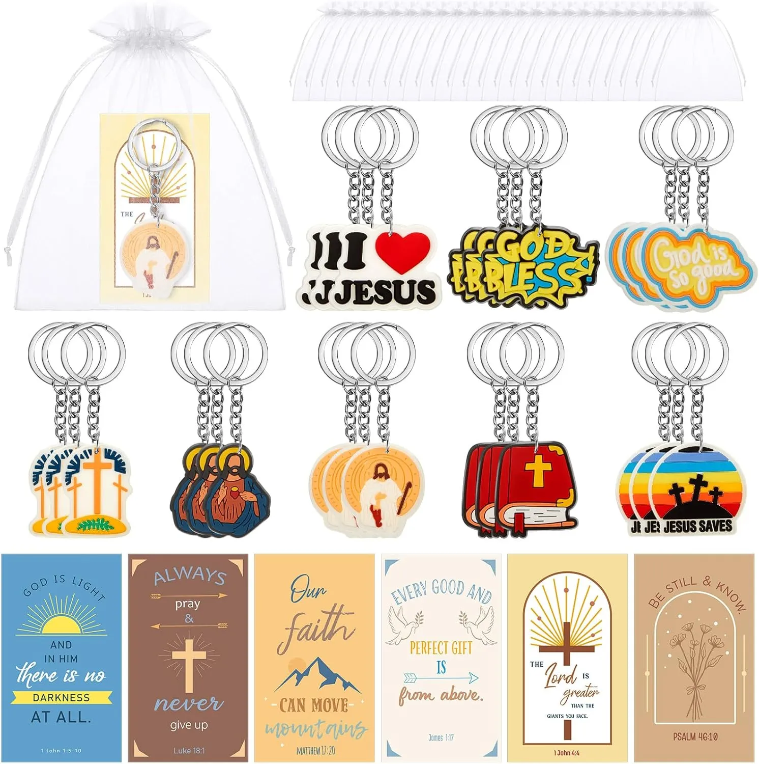 72 Pcs Christian Party Favors Gifts 24 Pcs Religious Jesus Keychain 24 Prayer Cards with 24 Organza Bags Mother's Day Teacher Week Nurse Day Gift