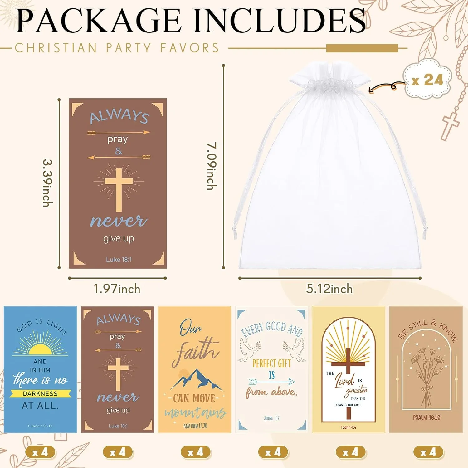 72 Pcs Christian Party Favors Gifts 24 Pcs Religious Jesus Keychain 24 Prayer Cards with 24 Organza Bags Mother's Day Teacher Week Nurse Day Gift