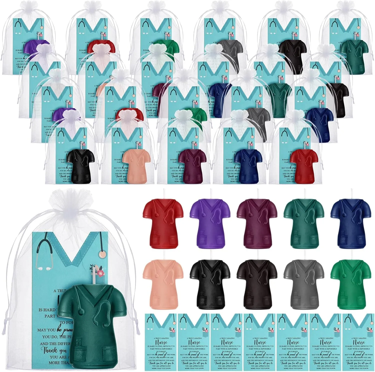 80 Set 2025 Nurse Week Gifts Candles for Women Men Doctor Coat Shaped Nurse Candle Appreciation Cards with Organza Bag for CNA Nursing Student Doctor Birthday Thank You Gift